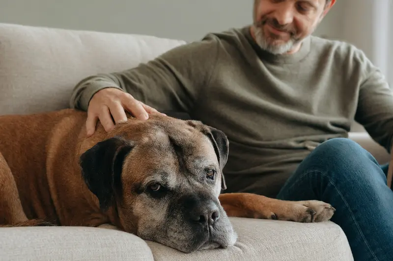 Ein älterer Bullmastiff entspannt auf einem Sofa, während sein Besitzer ihn liebevoll streichelt, was ein Gefühl von Sicherheit und Fürsorge vermittelt.