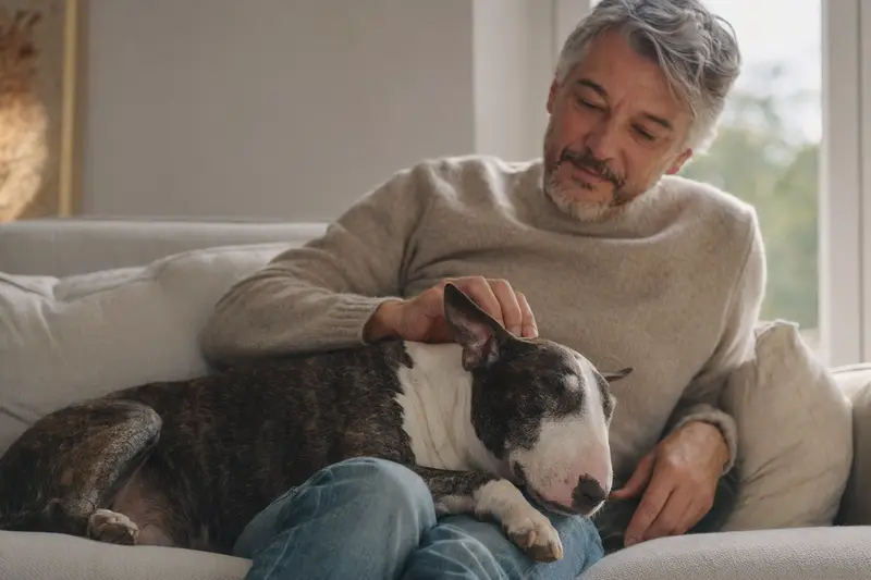 Ein älterer Bullterrier entspannt auf einem Sofa, während sein Besitzer ihn liebevoll streichelt, in einer warmen und einladenden Atmosphäre.