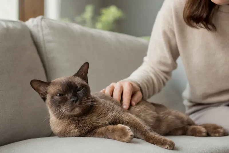 Eine ältere Burma Kurzhaar Katze genießt die Zuneigung ihres Besitzers auf einem gemütlichen Sofa.