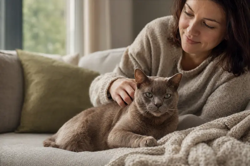 Eine ältere Burmese Kurzhaar Katze genießt die Zuneigung ihres Besitzers auf einem gemütlichen Sofa.