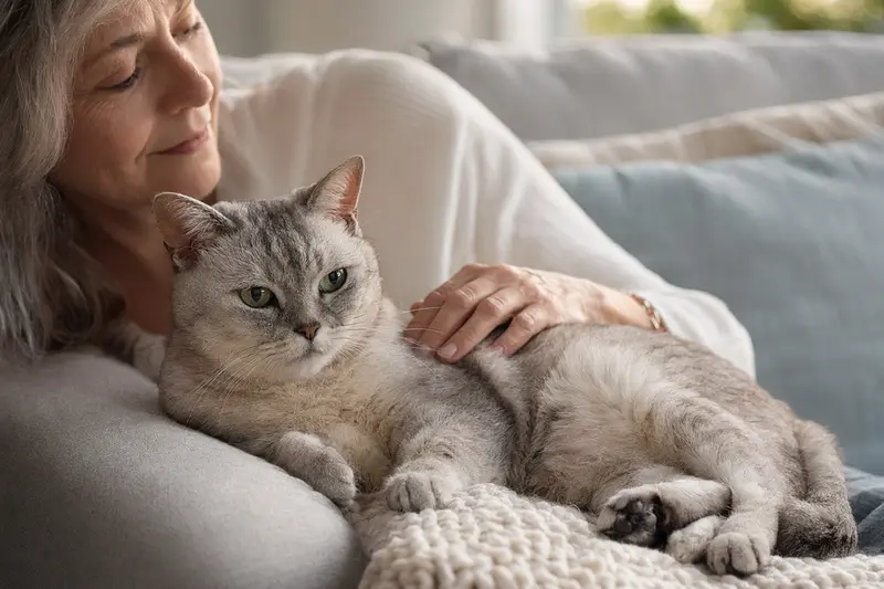 Eine ältere Burmilla Katze wird liebevoll von ihrem Besitzer auf einem gemütlichen Sofa gestreichelt und strahlt Wohlbefinden aus.