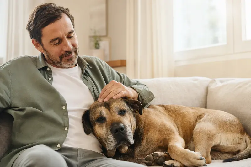 Ein älterer Ca de Bou Hund liegt entspannt auf einem gemütlichen Sofa, während sein Besitzer ihn liebevoll streichelt.