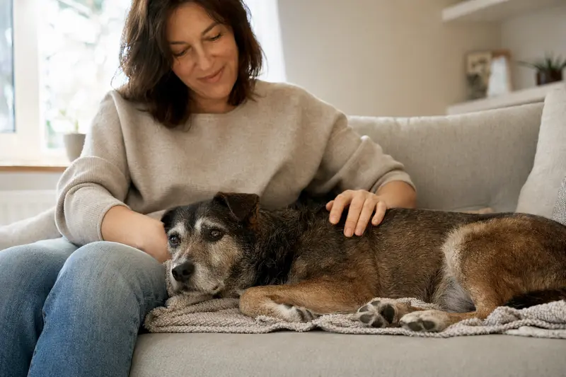 Ein älterer Ca de Rater Valencia Hund liegt entspannt auf einem gemütlichen Sofa, während sein Besitzer ihn liebevoll streichelt.