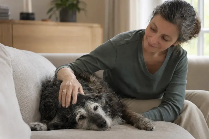 Ein älterer Ca Eivissec Hund entspannt auf einem Sofa, während sein Besitzer ihn liebevoll streichelt.