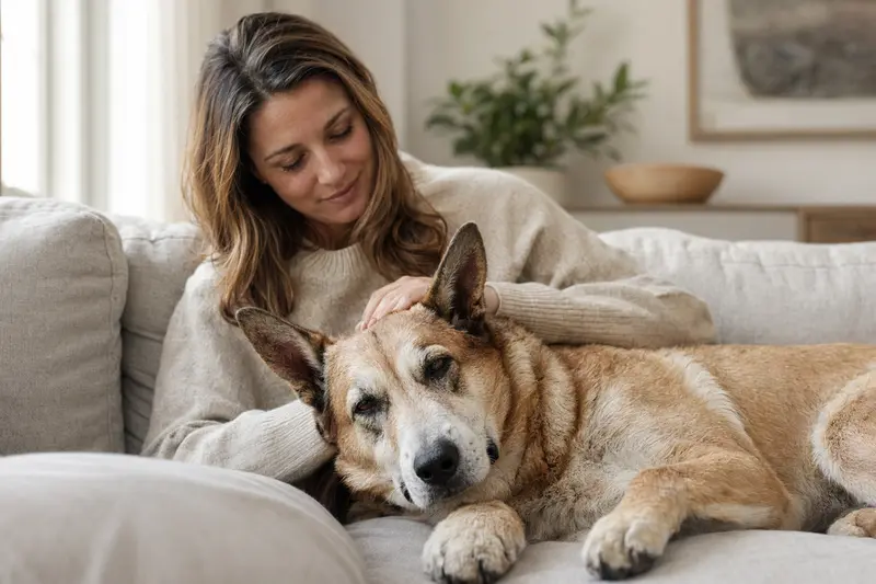 Ein älterer Canaan Dog entspannt auf einem gemütlichen Sofa mit seinem Besitzer, der ihn liebevoll streichelt.
