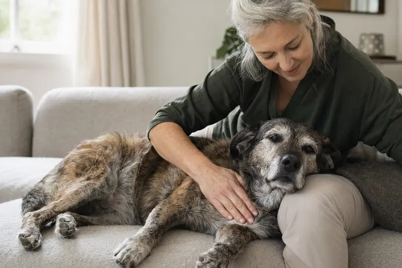 Älterer Cane da Pastore liegt entspannt auf einem Sofa, während sein Besitzer ihn liebevoll streichelt – ein Bild für Fürsorge und Geborgenheit beim Hund.