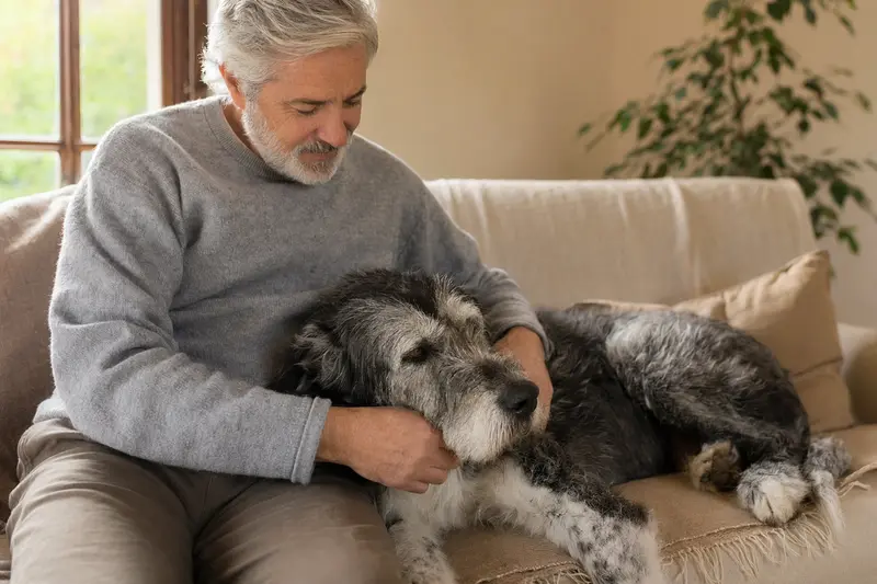 Ein älterer Cão da Serra de Aires Hund liegt entspannt auf einem gemütlichen Sofa, während sein Besitzer ihn streichelt und eine warme Lichtstimmung das ruhige Zuhause unterstreicht.