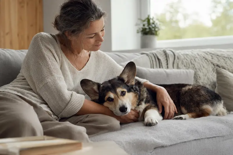 Ein älterer Cardigan Welsh Corgi entspannt auf einem gemütlichen Sofa, während sein Besitzer ihn liebevoll streichelt.