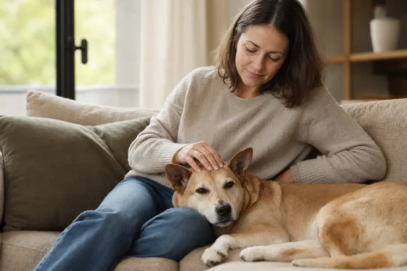 Ein älterer Carolina Dog liegt entspannt auf einem Sofa, während sein Besitzer ihn liebevoll streichelt, und vermittelt ein Gefühl von Sicherheit.