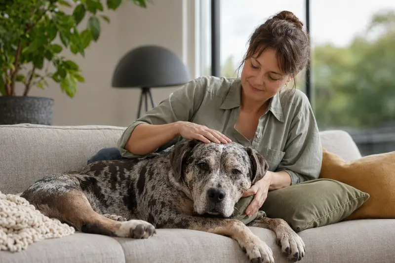 Älterer Catahoula Bulldogge Hund liegt entspannt auf dem Sofa, während sein Besitzer ihn liebevoll streichelt.