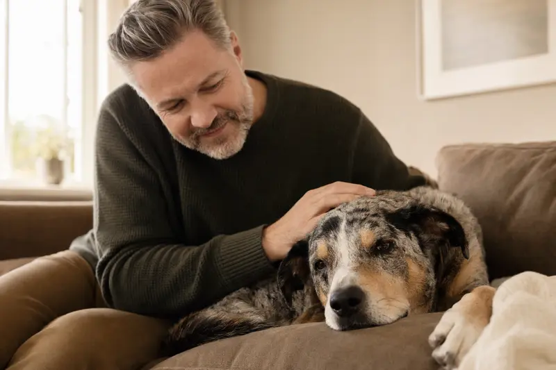 Ein älterer Catahoula Cur Hund liegt entspannt auf einem gemütlichen Sofa, während sein Besitzer ihn liebevoll streichelt.