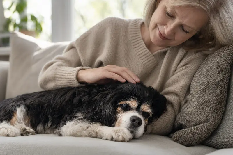 Ein älterer Cavalier King Charles Spaniel liegt entspannt auf einem gemütlichen Sofa, während sein Besitzer ihn liebevoll streichelt.