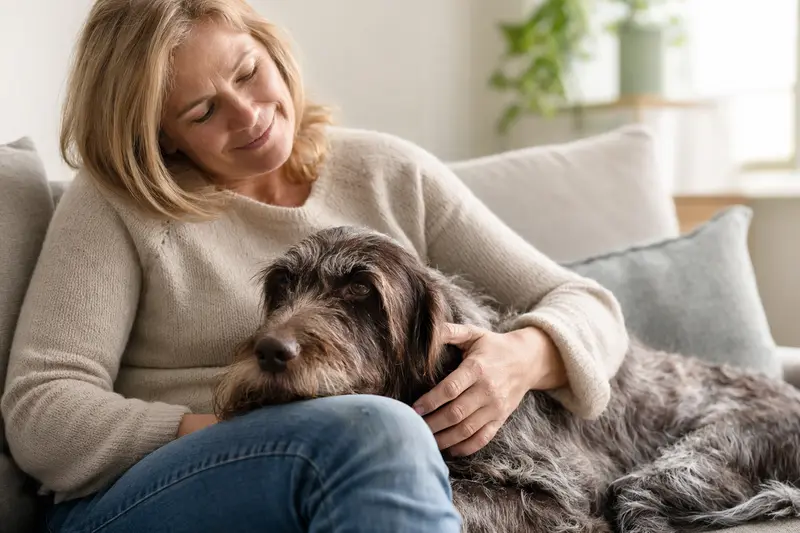 Ein älterer Cesky Fousek Hund entspannt auf einem Sofa, während sein Besitzer ihn liebevoll streichelt.