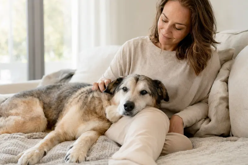 Ein älterer Hund liegt entspannt auf einem Sofa, während sein Besitzer ihn liebevoll streichelt – ein Bild für Fürsorge und Sicherheit im Alltag mit Hund.