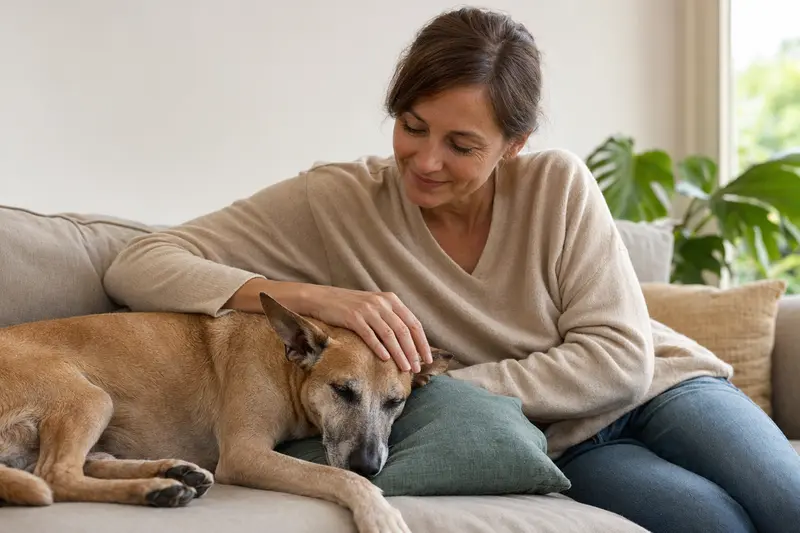 Ein älterer Charnegui Hund liegt entspannt auf einem gemütlichen Sofa, während sein Besitzer ihn liebevoll streichelt.