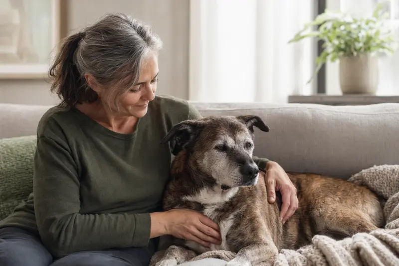 Ein älterer Chart Polski Hund liegt entspannt auf einem gemütlichen Sofa, während sein Besitzer ihn liebevoll streichelt.