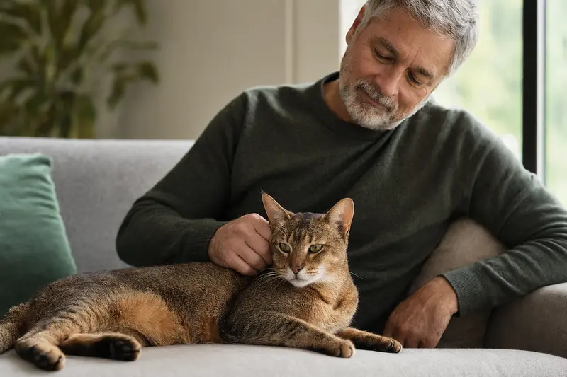 Eine ältere Chausie Katze entspannt auf einem Sofa, während ihr Besitzer sie liebevoll streichelt.