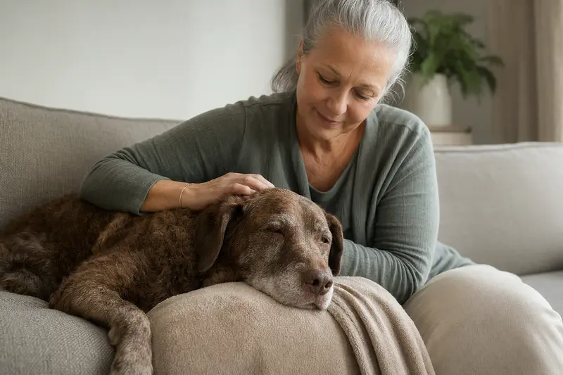 Ein älterer Chesapeake Bay Retriever liegt entspannt auf einem Sofa, während sein Besitzer ihn liebevoll streichelt.