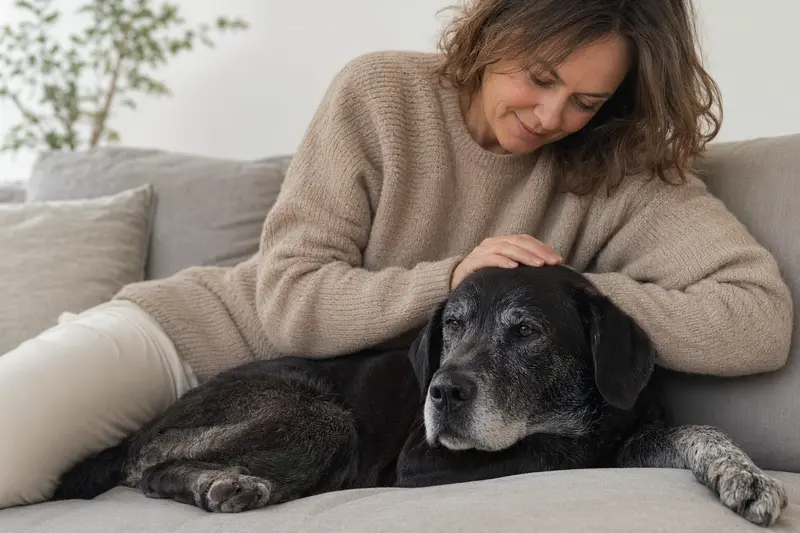 Ein älterer Chien Corse Hund liegt zufrieden auf einem Sofa, während sein Besitzer ihn liebevoll streichelt.