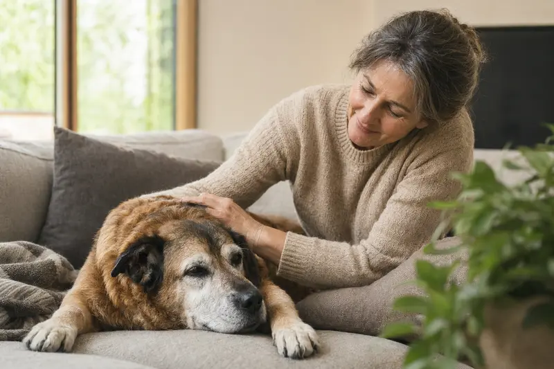 Älterer Chien de Trait Belge liegt entspannt auf dem Sofa, während sein Besitzer ihn liebevoll streichelt, was die Bedeutung von Fürsorge und Sicherheit für den Hund unterstreicht.