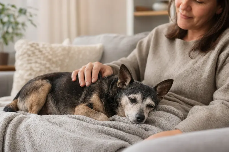 Ein älterer Chihuahua liegt entspannt auf einem Sofa, während sein Besitzer ihn liebevoll streichelt.