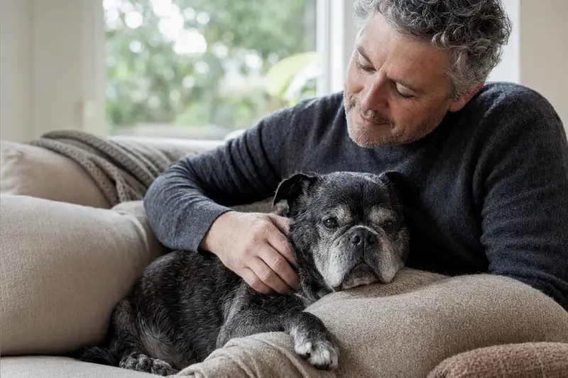 Ein älterer Chincha Bull Hund liegt entspannt auf einem Sofa, während sein Besitzer ihn liebevoll streichelt.