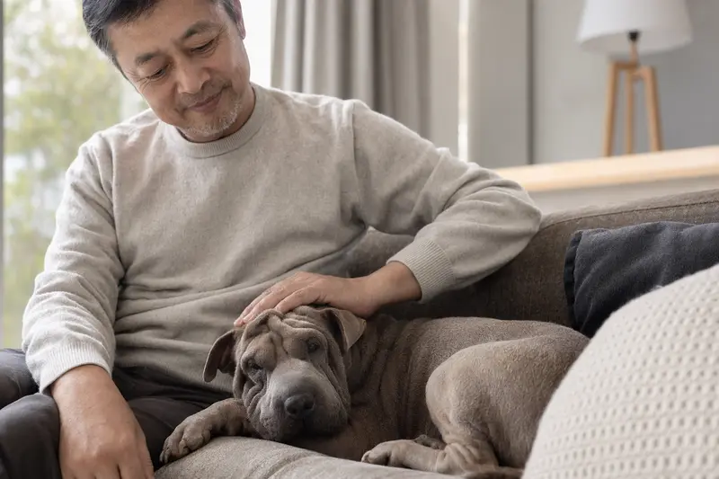 Ein älterer Chinesischer Faltenhund liegt entspannt auf einem Sofa, während sein Besitzer ihn liebevoll streichelt.