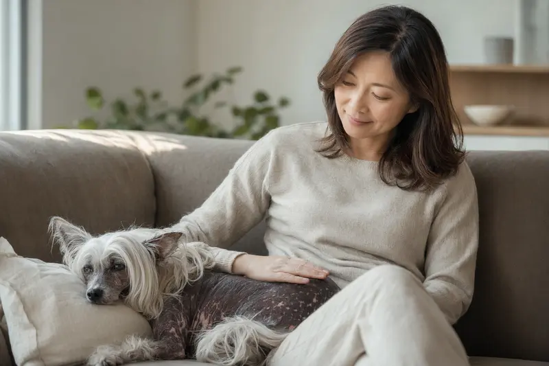 Ein älterer Chinesischer Haarloser Schopfhund entspannt auf einem Sofa, während sein Besitzer ihn liebevoll streichelt.