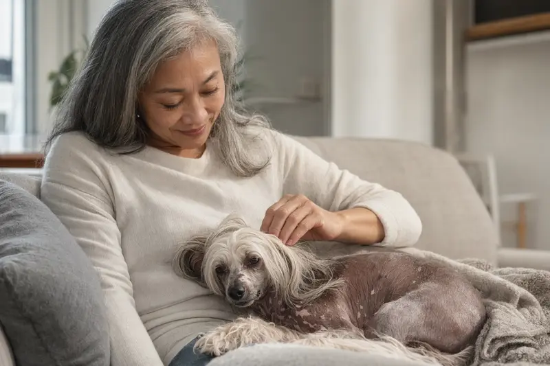 Ein älterer Chinesischer Schopfhund genießt eine liebevolle Streicheleinheit seines Besitzers auf einem gemütlichen Sofa.