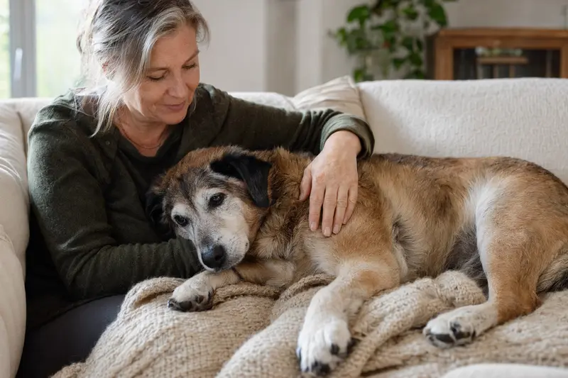 Ein älterer Chodenhund liegt entspannt auf einem Sofa, während sein Besitzer ihn liebevoll streichelt.