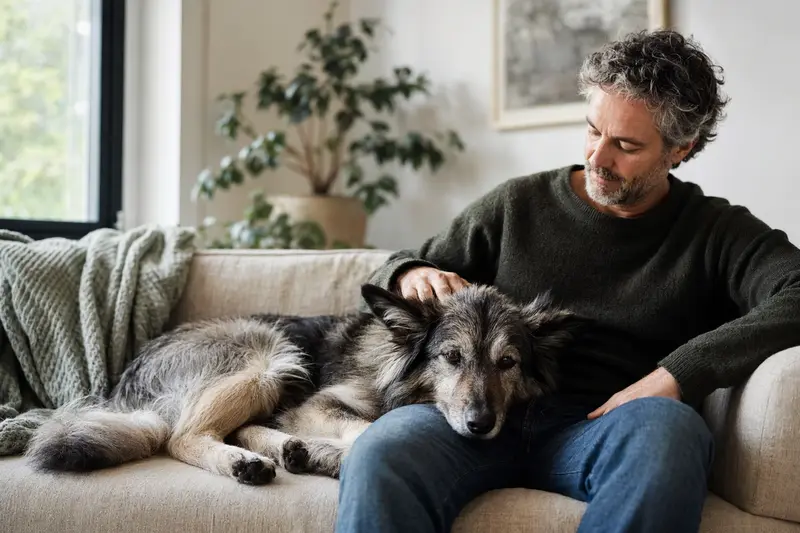 Ein älterer Chodsky pes Hund liegt entspannt auf einem gemütlichen Sofa, während sein Besitzer ihn liebevoll streichelt.