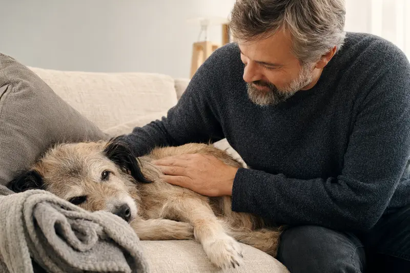 Ein älterer Chortaj Hund genießt die Zuneigung seines Besitzers auf einem gemütlichen Sofa in einem warmen Zuhause.