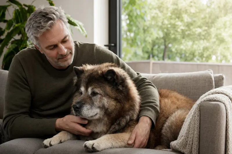 Ein älterer Chow-Chow Hund liegt entspannt auf einem gemütlichen Sofa, während sein Besitzer ihn liebevoll streichelt.