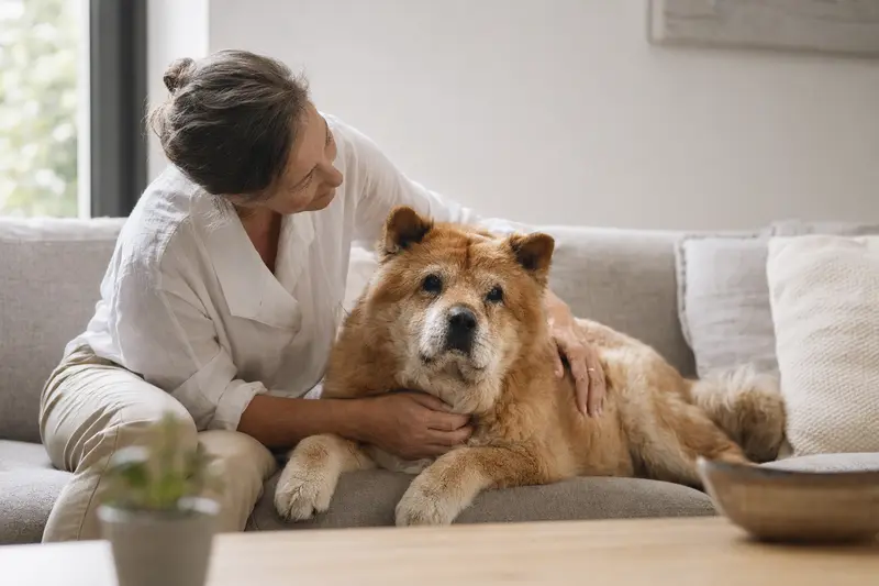 Ein älterer Chow-Chow Hund liegt entspannt auf einem Sofa, während sein Besitzer ihn liebevoll streichelt.