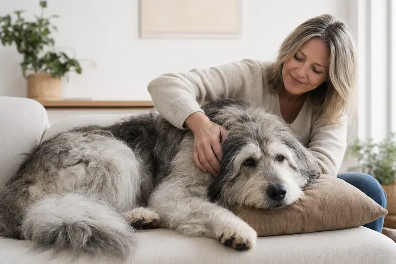 Ein älterer Ciobanesc Romanesc Mioritic Hund liegt entspannt auf einem Sofa, während sein Besitzer ihn liebevoll streichelt.