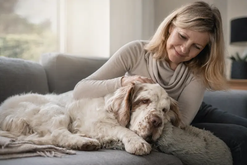Ein älterer Clumber-Spaniel liegt entspannt auf einem Sofa, während sein Besitzer ihn liebevoll streichelt und eine warme Lichtstimmung den Raum erfüllt.