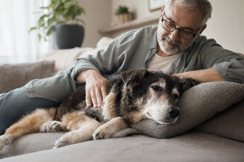 Ein älterer Coban Hirtenhund auf einem gemütlichen Sofa, während sein Besitzer ihn liebevoll streichelt.