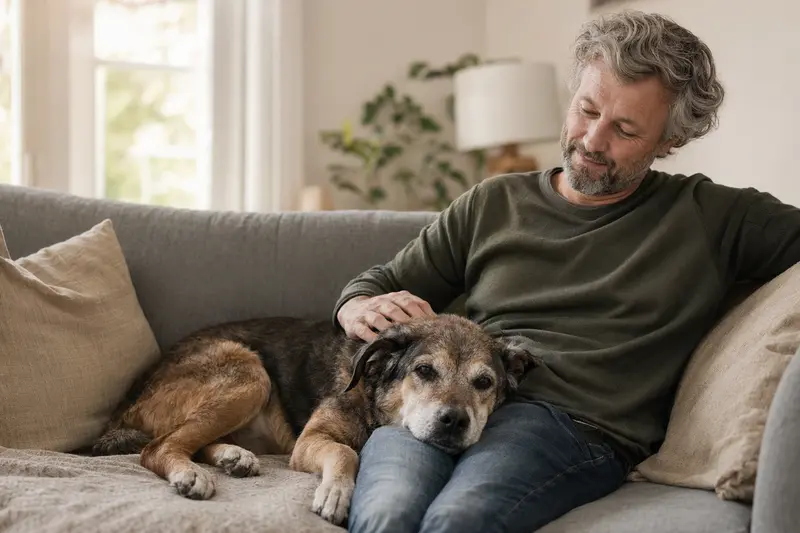 Ein älterer Coban Köpegi liegt entspannt auf einem gemütlichen Sofa, während sein Besitzer ihn liebevoll streichelt.