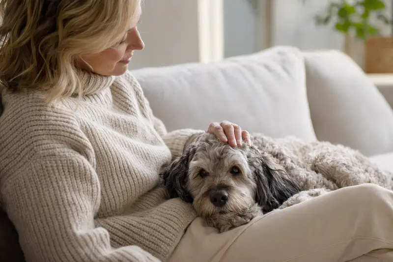 Ein älterer Cockapoo Hund liegt entspannt auf einem Sofa, während sein Besitzer ihn liebevoll streichelt.