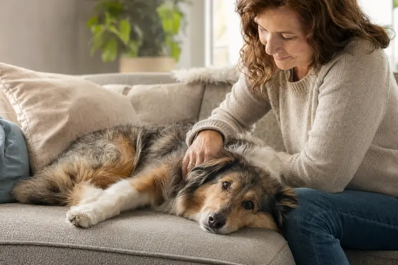Ein älterer Collie entspannend auf einem Sofa, während sein Besitzer ihn liebevoll streichelt.