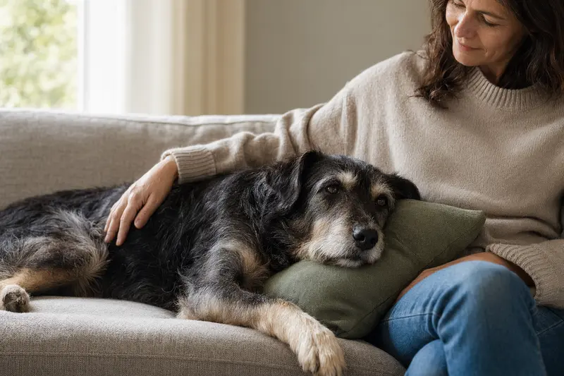 Ein älterer Combai Hund entspannt auf einem Sofa, während sein Besitzer ihn liebevoll streichelt.