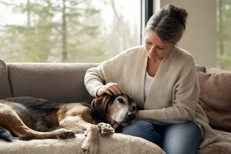 Ein älterer Coonhound Hund liegt entspannt auf einem gemütlichen Sofa, während sein Besitzer ihn liebevoll streichelt.