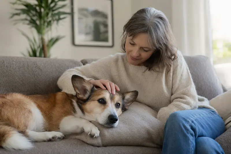 Ein älterer Corgi Hund liegt zufrieden auf einem Sofa, während sein Besitzer ihn liebevoll streichelt und eine warme Atmosphäre schafft.