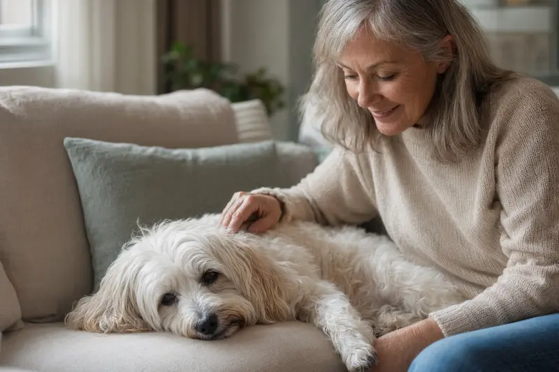 Ein älterer Coton de Tulear Hund liegt entspannt auf einem gemütlichen Sofa, während sein Besitzer ihn liebevoll streichelt.