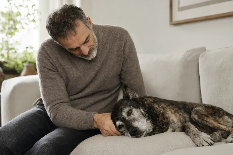 Ein älterer Cursinu Hund entspannt auf einem Sofa, während sein Besitzer ihn liebevoll streichelt und eine warme Lichtstimmung den Raum erfüllt.