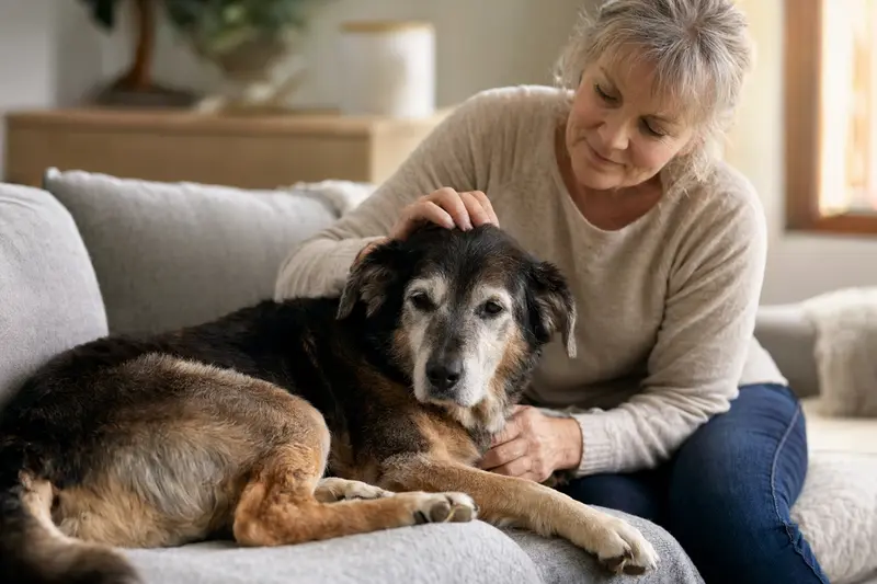 Ein älterer Da Capo Dog liegt entspannt auf dem Sofa, während sein Besitzer ihn liebevoll streichelt, was ein Gefühl von Fürsorge und Sicherheit vermittelt.