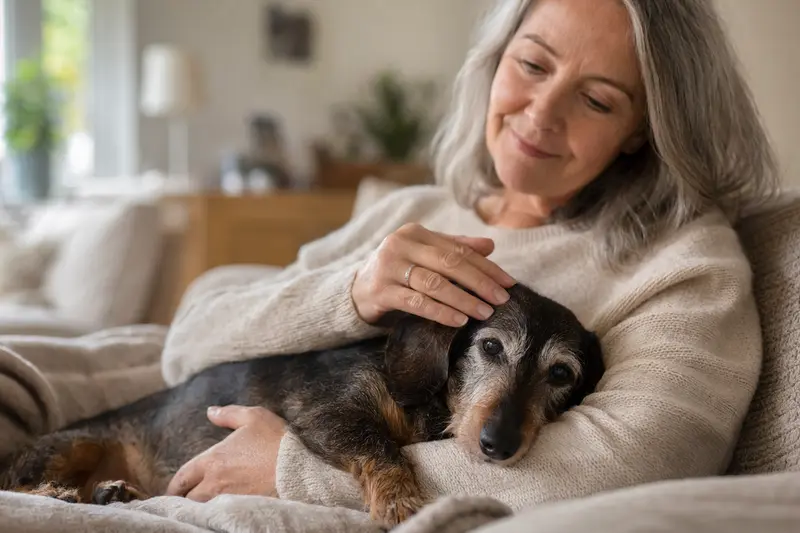 Ein älterer Dachshund wird liebevoll von seinem Besitzer auf einem gemütlichen Sofa gestreichelt, umgeben von einer warmen Lichtstimmung.