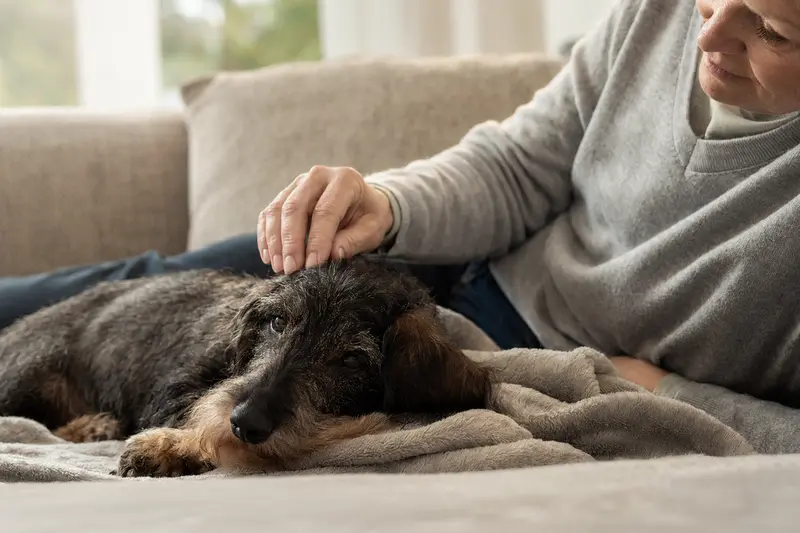 Ein älterer Dackel liegt entspannt auf einem Sofa, während sein Besitzer ihn liebevoll streichelt.