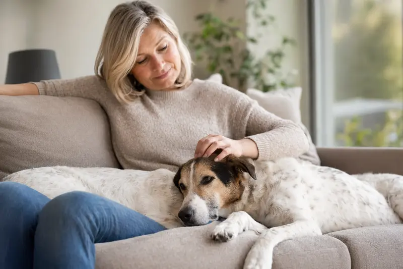 Ein älterer Dänisch-Schwedischer Farmhund liegt entspannt auf einem Sofa, während sein Besitzer ihn liebevoll streichelt.