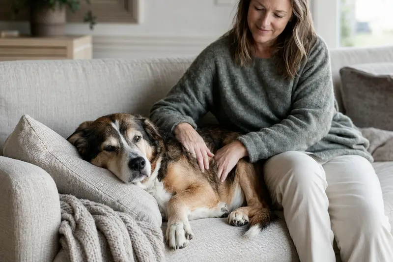 Ein älterer Dänisch-Schwedischer Hofhund liegt entspannt auf einem Sofa, während sein Besitzer ihn liebevoll streichelt.